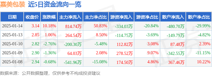 嘉美包装（002969）1月14日主力资金净买入81474万元